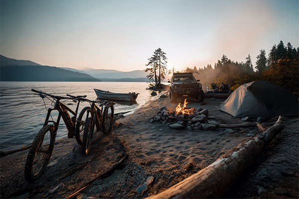 Keyvisual OutVentur mit Campingszene am Wasser