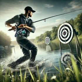 Ein Mann mit einer Angel zielt im Wasser stehend auf eine Zielscheibe Ein Mann mit einer Angel zielt im Wasser stehend auf eine Zielscheibe