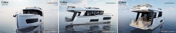 Die Campione 41 Premium Fly von Cobra Yachts in der Front-, Seiten und Rückansicht auf dem Wasser. Die Yacht wird in Werder (Havel) als Weltpremiere vorgestellt. 