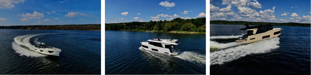Drei aneinandergereihte Fotos von fahrenden Yachten im Wasser.
