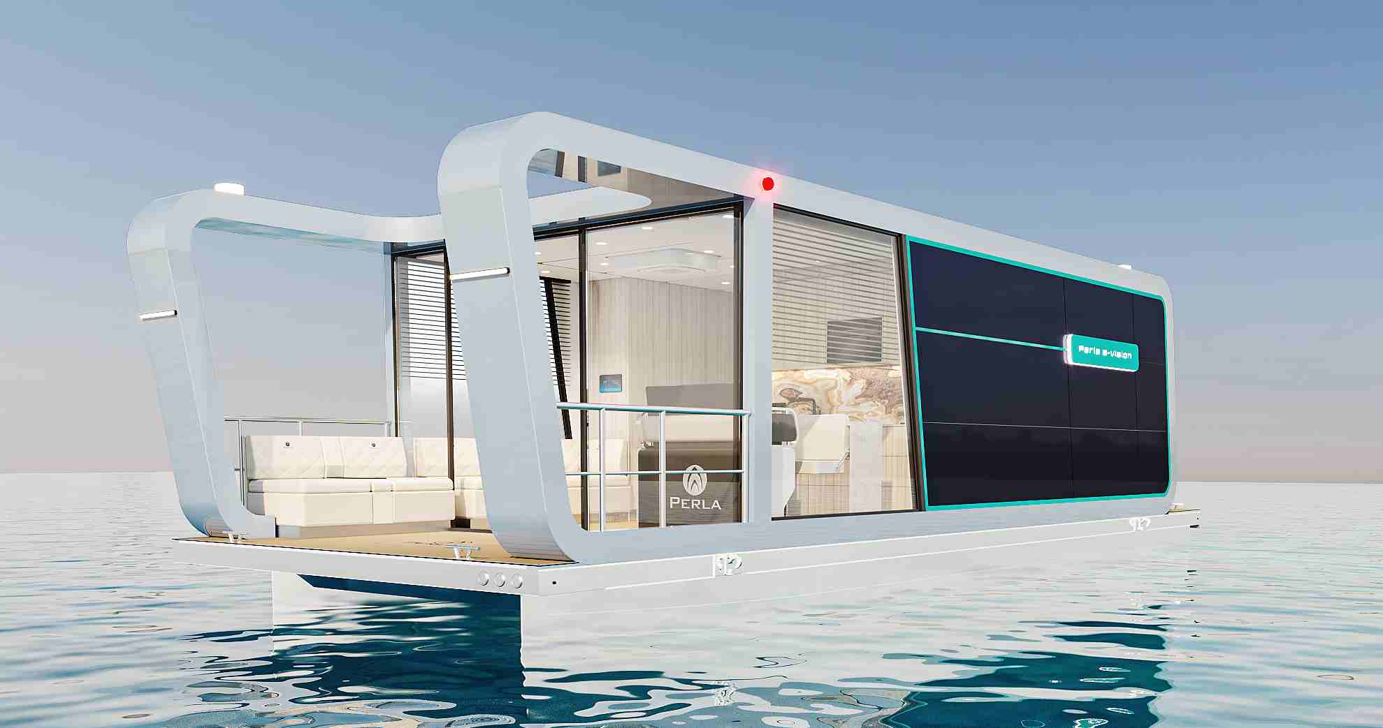 Perla e-Vision: Auf den ersten Blick ein Hausboot, ist das aus Aluminium gefertigte Multihull-Schiff gleichermaßen ein Katamaran und Reiseboot. | Copyright: Hersteller. 